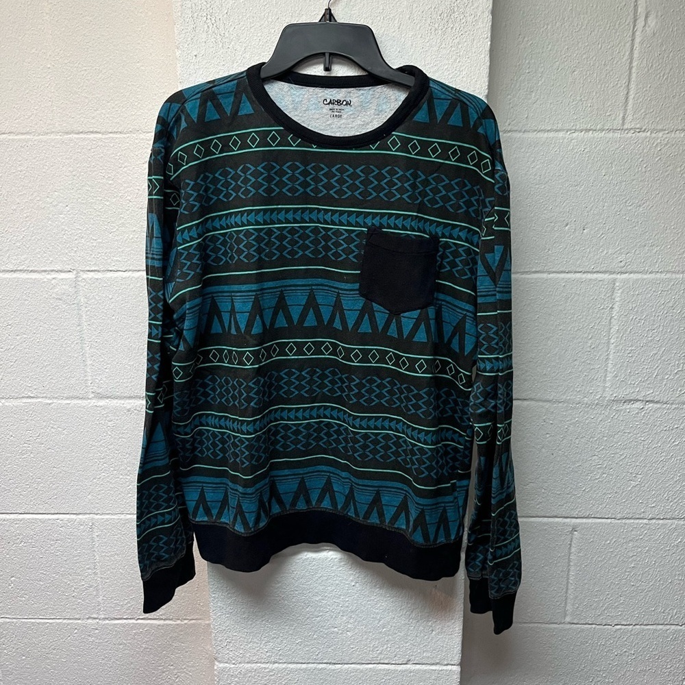 Carbon Men's Teal and Black Geometric Sweater. Size Large